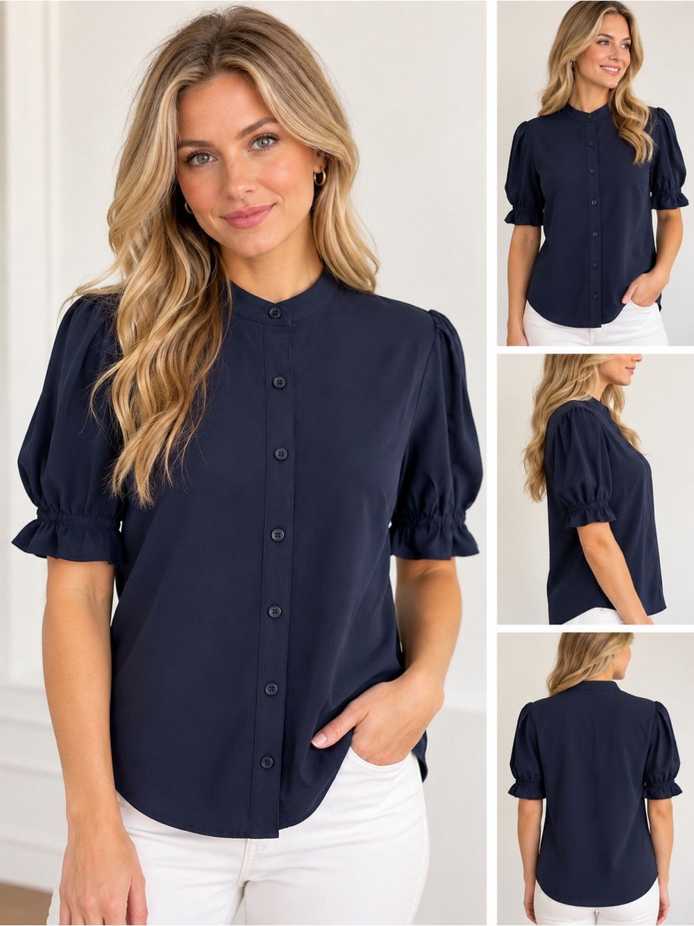 Johnnie-O Women’s Navy Blue Button Front Blouse Puff Sleeve Top Size Small